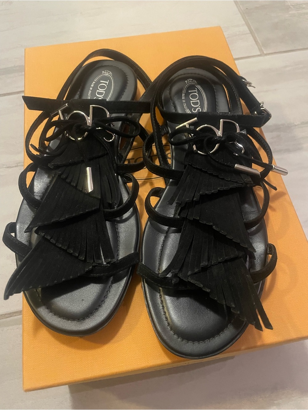 TOD'S Black Suede Fringe Lace-Up Sandals with Metal Accents